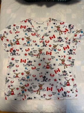 Scrubstar White Scrub Top with Pink Logo and Red Accents